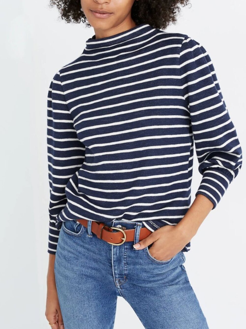 Madewell puffed sleeve mock turtle neck sweater pullover blue stripe